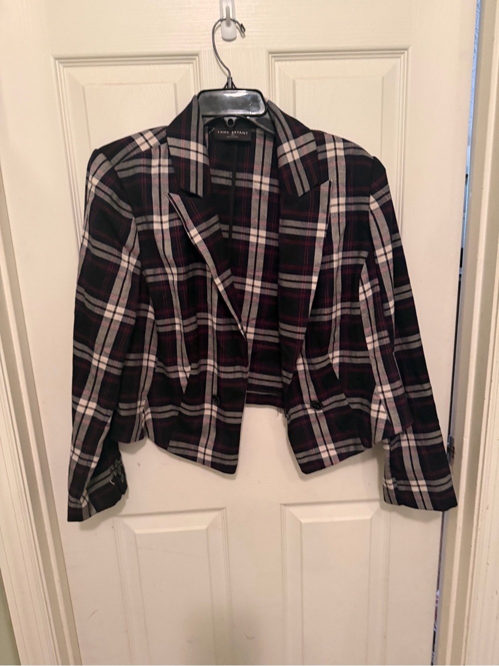 Lane Bryant Black and White Plaid Cropped Blazer with Maroon Accents and pants